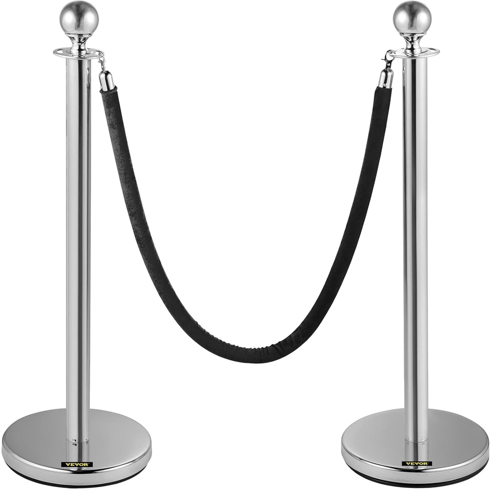 image:imageVEVOR Stanchions and Velvet Ropes Solid Base with Stainless Steel Post 5ft Red Velvet Ropes and Posts Silver Concrete Metal Bottom 2Pcs 1RopeSilver