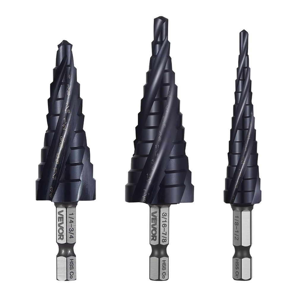 image:imageVEVOR Step Drill Bit Set 1878 inch 3 Pieces Step Drill Bits 14 inch Hex Shank TiAlN Coating Cobalt HSS High Speed Steel for Metal Stainless Steel Aluminum Wood Plastic Fiberglass1878 3Piece Set