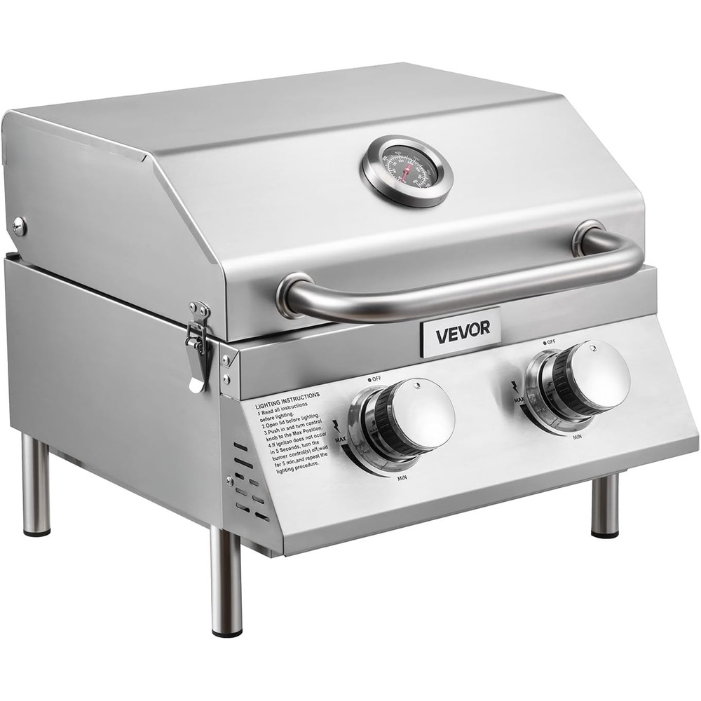 image:imageVEVOR Tabletop Gas Grill 3Burner Stainless Steel Portable Propane Grill with Builtin Thermometer Travel Locks Weatherproof Lid 22500 BTU Total for Outdoor Cooking Patio Party Camping RV2Burner