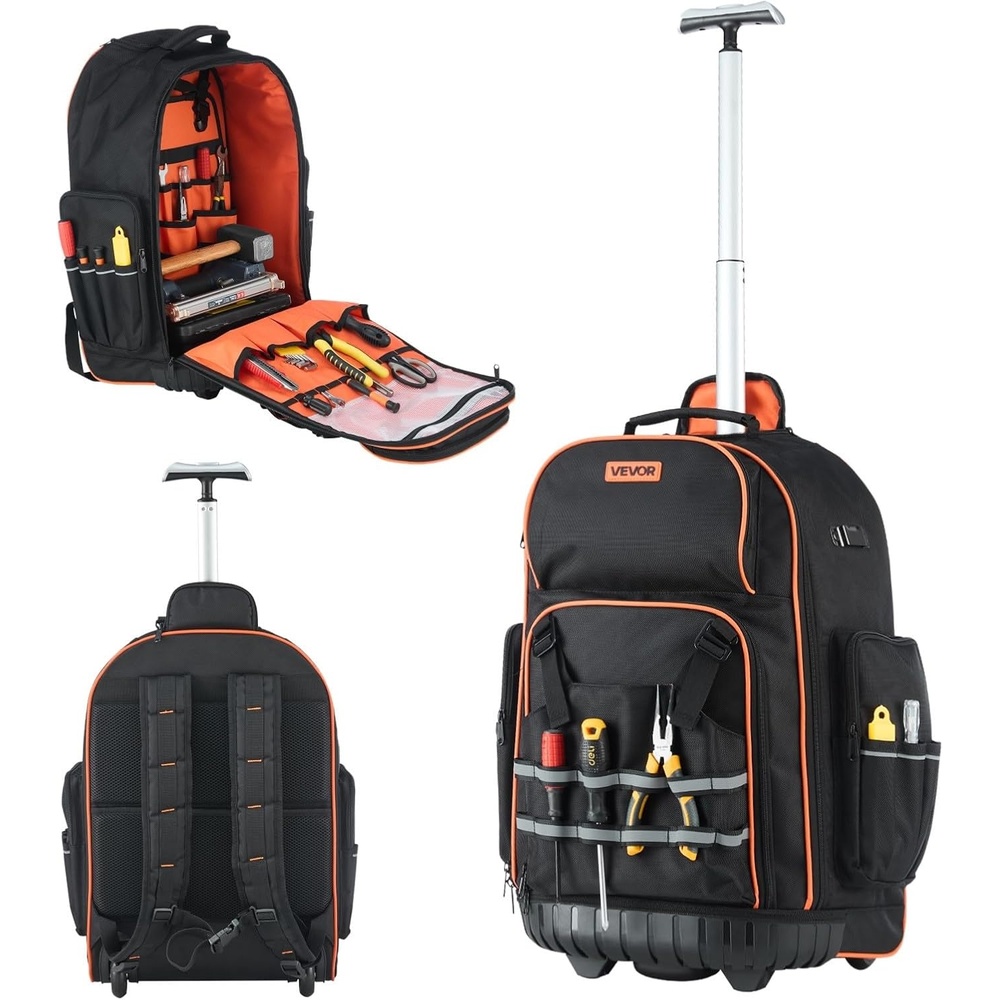 image:imageVEVOR Tool Backpack 49 Pockets Heavyduty Tools Storage Organizer Work Bags Backpack with Laptop Compartment amp Reinforced Fabric Base Electrician Jobsite Backpack for Electrician Repairman72 Pockets  Rolling