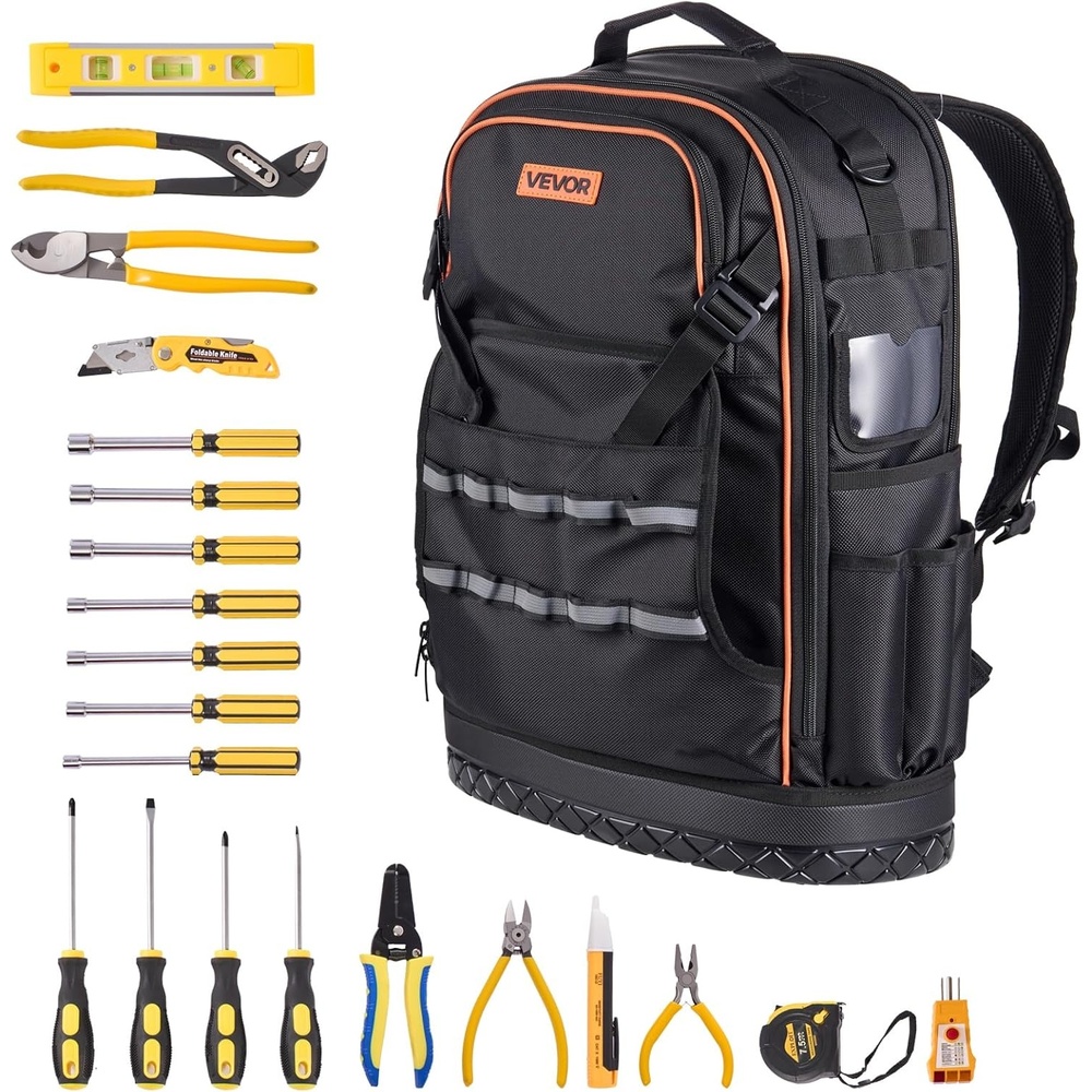 image:imageVEVOR Tool Backpack 64 Pockets Heavyduty Tools Storage Organizer Work Bags Backpack with Laptop Compartment amp Molded Base Electrician Jobsite Backpack for Electrician Repairman and HVAC Techs65 Pockets