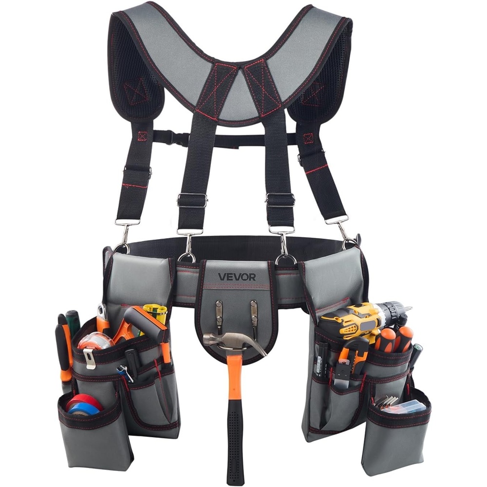 image:imageVEVOR Tool Belt 22 Pockets Tool Pouch with Suspenders for Men Heavy Duty Adjustable Utility Belt Bag Suspenders for Electrician Carpenter Construction Work Apron Organizer Waist Adjust 32 to 68in22 Pockets