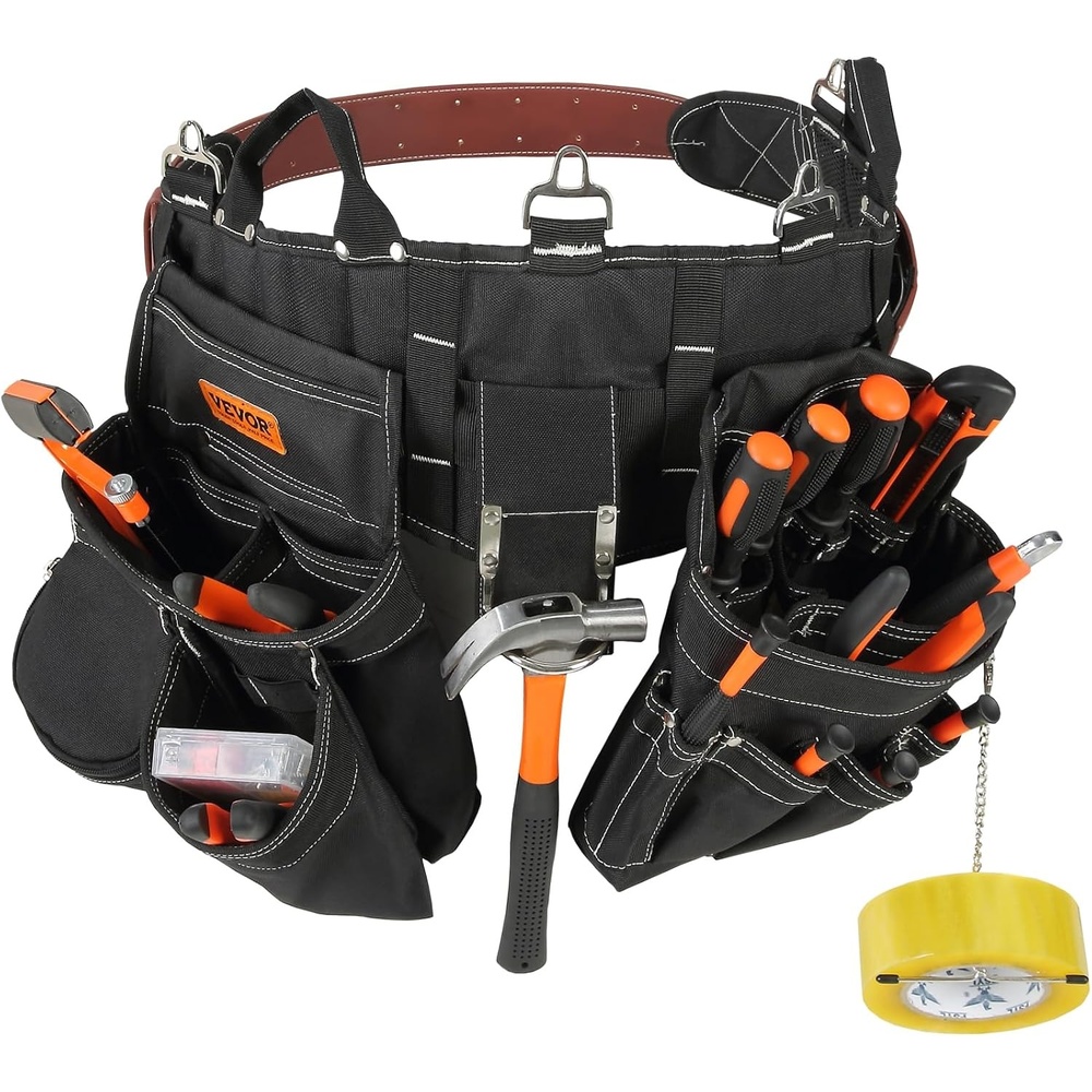 image:imageVEVOR Tool Belt with Suspenders 29 Pockets 2954 inches Adjustable Waist Size Tool Belts for Men 600D Polyester Heavy Duty Carpenter Tool Pouch for Carpenters Electricians and Gardening BlackNylon Belt