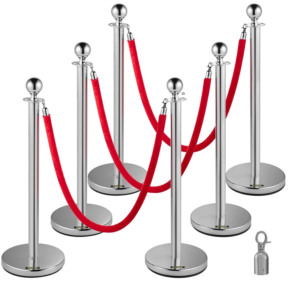 image:imageVEVOR Velvet Ropes and Posts 4 Pcs 5 ft Red Velvet Rope Stanchion Post with Ball Top Crowd Control Barriers Silver Stanchions Red Carpet Poles Crowd Control Ropes and Poles for Party Suppliessilver