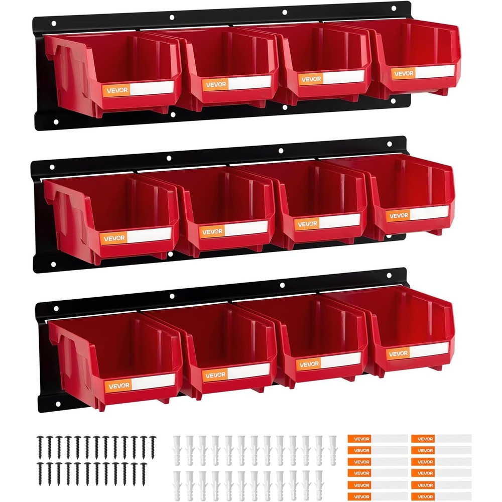 image:imageVEVOR Wall Mounted Storage Bins 12 Plastic Bins amp 3 Metal Rails Plastic Hanging Stackable Storage Bin for Screws Nuts Bolts Nails Hardware Tool Organizer for Workshop Craft Room Garage BlackRed