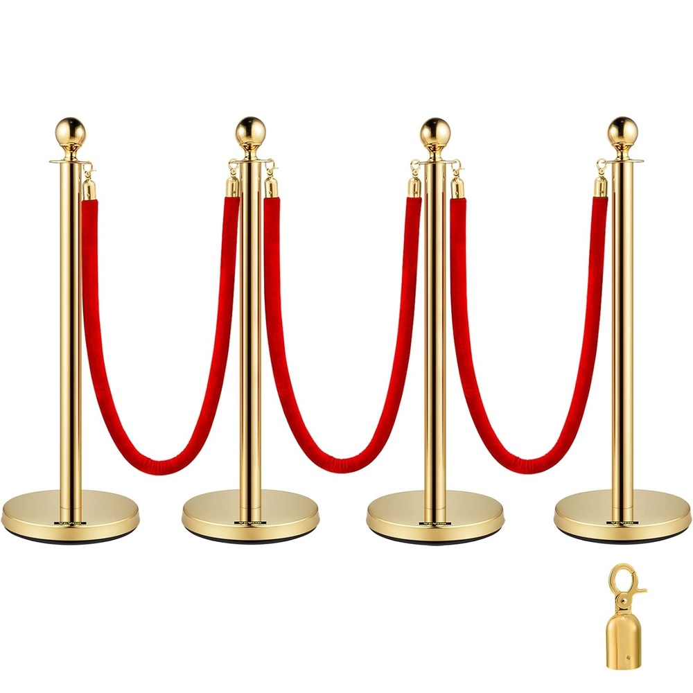 image:imageVevor Velvet Ropes and Posts 4 Pcs 3 Red Velvet Rope 5 ft Stanchion Post with Ball Top Crowd Control Barriers Gold Stanchions Red Carpet Poles Crowd Control Ropes and Poles for Party SuppliesGold