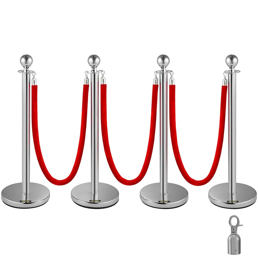 image:imageVevor Velvet Ropes and Posts 4 Pcs 3 Red Velvet Rope 5 ft Stanchion Post with Ball Top Crowd Control Barriers Gold Stanchions Red Carpet Poles Crowd Control Ropes and Poles for Party Suppliessilver