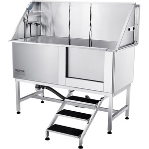 VEVOR 38 Inch Stainless Steel Dog Washing Station, Pet Grooming Tub with Hot & Cold Faucet, Showerhead, Home Wash Sink, Fits Small and Medium Cats and Dogs, Non-Slip Stairs (Right Door)(White)