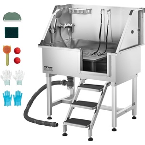 VEVOR 38 Inch Stainless Steel Dog Washing Station, Pet Grooming Tub with Hot & Cold Faucet, Showerhead, Home Wash Sink, Fits Small and Medium Cats and Dogs, Non-Slip Stairs (Right Door)(Silver)