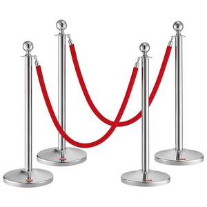 VEVOR 4-Pack Stanchion Posts with 2PCS 5FT Red Velvet Ropes, Stainless Steel Queue Barriers Line Divider with Fillable Plastic Base & Ball Top for Wedding, Museum, Party(Silver)