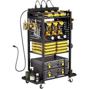 VEVOR 4-Tier Tool Organizer Cart, 150 lbs Load Capacity, Floor Stand Rolling Drill Holder and Stability Storage Rack, Heavy Duty Garage Floor Rolling Storage Cart for Workshop, Garage, Black(4-Tier with 8 AC Outlet)