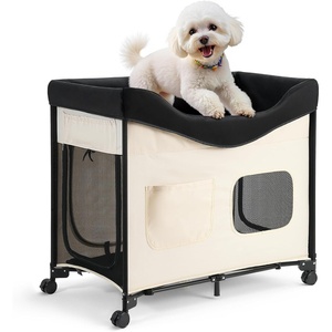 VEVOR Bedside Lounge Pet Bed, Foldable Bunk Dog Bed with 600D Oxford Cloth and Dutch Velvet, Portable Raised Cot with Wheels, Side Storage Bags, and Carry Bag for Cats & Dogs, XL, Beige(L)