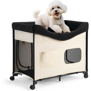 VEVOR Bedside Lounge Pet Bed, Foldable Bunk Dog Bed with 600D Oxford Cloth and Dutch Velvet, Portable Raised Cot with Wheels, Side Storage Bags, and Carry Bag for Cats & Dogs, XL, Beige(XL)