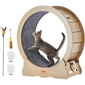 VEVOR Cat Exercise Wheel, 43.3″ Large Cat Treadmill Wheel for Indoor Cats, Cat Running Wheel with Detachable Carpet & Cat Teaser for Running/Walking/Training, Suitable for Most Cats Yellow(Natural Wood-29.5in)