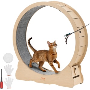 VEVOR Cat Exercise Wheel, 48 in Wooden Cat Running Wheel for Indoor Cats up to 28 lbs, Cats Treadmill with Carpeted Runway & Locking Mechanism, Quiet Kitten Sport Toys for Pets Fitness & Health, Black(Wood grain color)