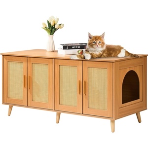 VEVOR Cat Litter Box Enclosure for 2 Cats, Litter Box Furniture Hidden with Rattan Decorated Doors, Wooden Cat Box Cabinet Fit Most of Litter Box, 47.2″ L x 19.7″ W x 21.7″ H, Natural