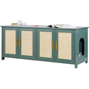 VEVOR Cat Litter Box Enclosure for Multi Cats, 47.2 in Hidden Litter Box Cabinet with 4 Doors & 2 Entries, Indoor Cat Washroom, Wooden Kitty House Furniture Side Table, Fit Most Litterboxes, Green(Retro Green & Rattan Doors)