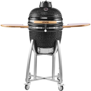VEVOR Charcoal Smoker and Grill, 18″ Kamado Charcoal BBQ Smoker, Movable Ceramic Barbecue Grill with 4 Wheels (2 Lockable), Built-in Thermometer, Air Vents & Side Shelf for Outdoor Patio Yard Cooking