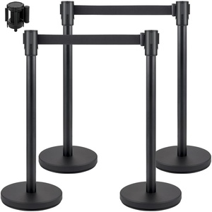 VEVOR Crowd Control Stanchion Set, Stanchion Set with 6.6 ft/2 m Black Retractable Belt, Black Crowd Control Barrier w/Concrete and Metal Base – Easy Connect Assembly (4)(4 Pcs)