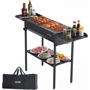VEVOR Foldable Charcoal Grill, Portable Charcoal Barbecue Grill with Adjustable Height & Folding Side Tables, High-Temp Powder-Coated Steel Outdoor BBQ Grills for Camping Backyard Parties(Black)