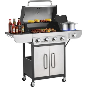 VEVOR Gas Grill, 4 Burner Propane Gas Grill with Side Burner, 425 SQ.In Grilling Area, Carbon Steel Enamel Grates, Outdoor 52,000 BTU Patio Garden BBQ Grills with Two Side Shelves, Carbon Steel(4+1 Burner Stainless Steel)