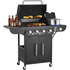 VEVOR Gas Grill, 4 Burner Propane Gas Grill with Side Burner, 425 SQ.In Grilling Area, Carbon Steel Enamel Grates, Outdoor 52,000 BTU Patio Garden BBQ Grills with Two Side Shelves, Carbon Steel(4+1 Burner Carbon Steel)