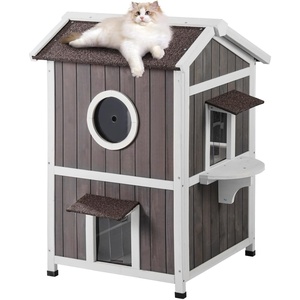 VEVOR Heated Outdoor Cat House, Insulated Wooden Cat House for Cats, Waterproof Feral Kitty Shelter with Heating Pad, PVC Flap Door & Openable Asphalt Roof for 1-3 Cats in Winter, 34 x 21 x 27 in(2-story Wooden House)