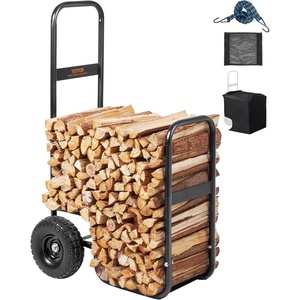 VEVOR Log Cart 250 lbs Load Capacity, Outdoor and Indoor Wood Rack Storage Mover with Pneumatic Rubber Wheels, Heavy Duty Steel Dolly Hauler, Firewood Carrier for Fireplace, Fire Pit, Black(with cover)