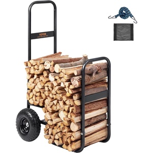 VEVOR Log Cart 250 lbs Load Capacity, Outdoor and Indoor Wood Rack Storage Mover with Pneumatic Rubber Wheels, Heavy Duty Steel Dolly Hauler, Firewood Carrier for Fireplace, Fire Pit, Black(without cover)