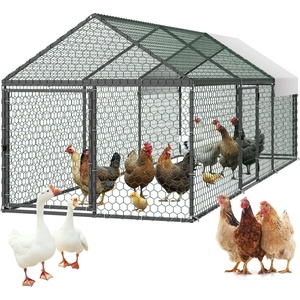 VEVOR Metal Chicken Coop for 6-8 Chickens, 3.3 x 9.8 x 3.3 ft, Small Chicken Cage with Waterproof Cover & 3 Doors, Spire Roof Poultry Run Compatible with Wooden Coops, for Rabbit Hen Goose Duck