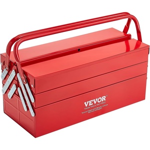 VEVOR Metal Tool Box, 14-inch, 2-Tier 3-Tray Portable Folding Tool Chest Organizer with Handle & Lock Hole, Powder Coated Steel, Cantilever Toolbox for Household Factory Warehouse Repair Shop, Red(3 Tier-5 Tray)
