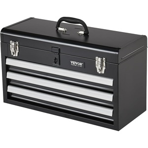 VEVOR Metal Tool Box, 20.5-inch, Portable Metal Tool Box with 3 Drawers, Small Tool Chest with EVA Liners, Ball Bearing Slide Drawers Locking & Powder Coated Finish, Multi-Function Tool Organizer, Red(3 Drawers-Black)