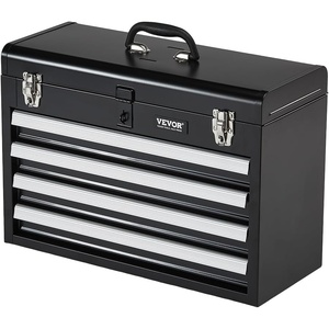 VEVOR Metal Tool Box, 20.5-inch, Portable Metal Tool Box with 3 Drawers, Small Tool Chest with EVA Liners, Ball Bearing Slide Drawers Locking & Powder Coated Finish, Multi-Function Tool Organizer, Red(4 Drawers-Black)