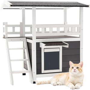 VEVOR Outdoor Cat House, 2-Story Wooden Cat Shelter with Stairs & Balcony, Elevated Feral Kitty Shelter, Spacious Room, Waterproof Cats Condos for Indoor & Outdoor Cats in Winter 30 x 22 x 30 in(Gray – 2 story Wooden House)