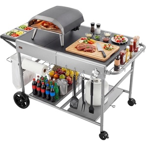VEVOR Outdoor Grill Cart, 31.5 x 24.0 inch Stainless Steel Tabletop Size Grilling Table, Outdoor Cooking Table with 4 Wheels & Side Handle, Two Mesh Shelves, BBQ Prep Tables for Patio, Garden(Gray)