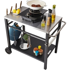 VEVOR Outdoor Grill Cart with Double-Shelf, BBQ Movable Food Prep Table with PVC Placemat, Black Iron Table Top, Portable Modular Carts for Pizza Oven, Worktable with 2 Wheels, Carry Handle(Stainless Steel Table Top)