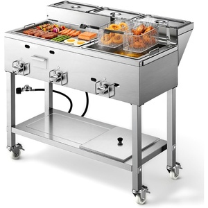 VEVOR Outdoor Propane Fryer & Griddle Combo, 3 Burners (11,600 BTU Each), Commercial Stainless Steel Frying Cart with Wheels, 2 Fryer Baskets & 3 Food Pans, for Hot Dogs, Fried Chicken, Fries, Meats