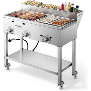 VEVOR Outdoor Propane Griddle, 3 Burners (11,600 BTU Each), Commercial Stainless Steel Griddle with Two 1/3 Size Food Warming Pans, Portable Cart with 4 Lockable Wheels, for Hot Dogs, Burgers & Meats(25.59×38.58×47.05)