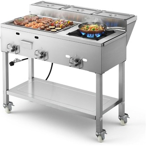 VEVOR Outdoor Propane Griddle, 3 Burners (11,600 BTU Each), Commercial Stainless Steel Griddle with Two 1/3 Size Food Warming Pans, Portable Cart with 4 Lockable Wheels, for Hot Dogs, Burgers & Meats(27.36×38.58×47.05)