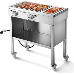 VEVOR Outdoor Propane Griddle, 3 Burners (11,600 BTU Each), Commercial Stainless Steel Griddle with Two 1/3 Size Food Warming Pans, Portable Cart with 4 Lockable Wheels, for Hot Dogs, Burgers & Meats(22.05×35.63×40.16)