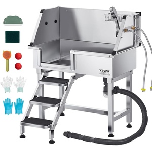 VEVOR Professional Dog Washing Station, 34 Inch Stainless Steel Pet Grooming Tub with Hot Cold Faucet, Adjustable Showerhead, Non-Slip Stairs & Side Sink, for Small to Medium Dogs and Cats (Left Door)