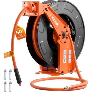 VEVOR Retractable Air Hose Reel, 3/8 Inch x 50 FT Rubber Air Hose Max 300PSI, Auto Rewind Air-Compressor Hoses Reel with 5 ft Lead in, Ceiling/Wall Mount Heavy Duty Steel Double Arm(3/8IN x 50FT)