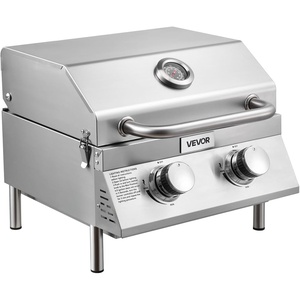 VEVOR Tabletop Gas Grill, 3-Burner Stainless Steel Portable Propane Grill, with Built-in Thermometer, Travel Locks, Weatherproof Lid, 22,500 BTU Total, for Outdoor Cooking, Patio, Party, Camping, RV(2-Burner)