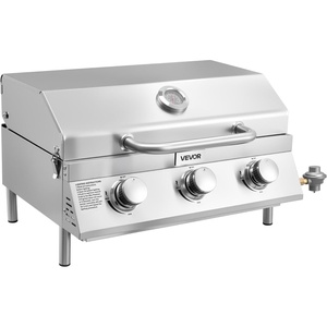 VEVOR Tabletop Gas Grill, 3-Burner Stainless Steel Portable Propane Grill, with Built-in Thermometer, Travel Locks, Weatherproof Lid, 22,500 BTU Total, for Outdoor Cooking, Patio, Party, Camping, RV(3-Burner)