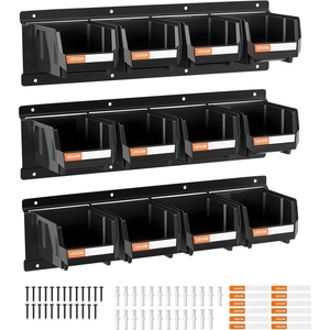 VEVOR Wall Mounted Storage Bins, 12 Plastic Bins & 3 Metal Rails, Plastic Hanging Stackable Storage Bin for Screws, Nuts, Bolts, Nails, Hardware Tool Organizer for Workshop, Craft Room, Garage, Black(Black)