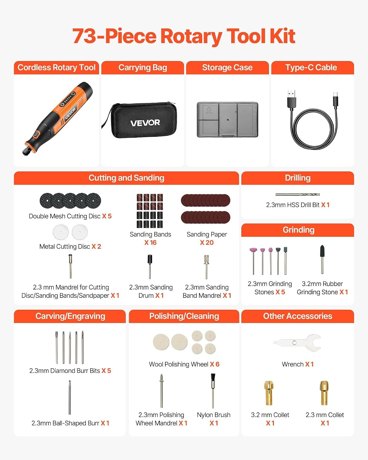image:imageVEVOR 136Piece Cordless Rotary Tool Kit DC8V Portable Mini Power Rotary Tool 5 Speeds 500030000RPM MultiPurpose DIY Tools for Engraving Sanding Polishing Carving Grinding Cutting DIY Craft73PCS