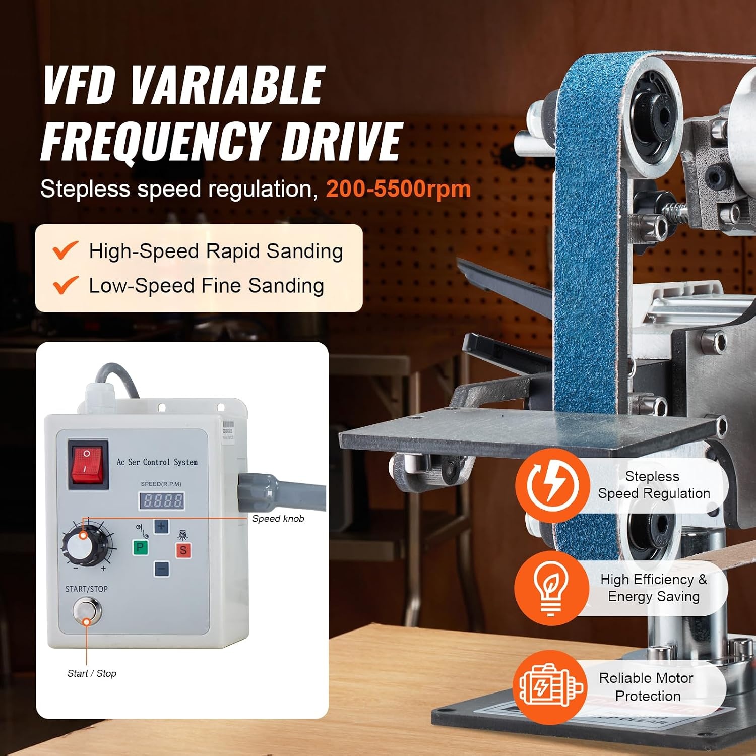 image:imageVEVOR 1500W 2HP Belt Sander Grinder 2 x 82 Variable Speed Belt Grinder for Metalworking 3 in 1 Belt Sander Polisher with 3 Grinding Moulds amp Flat Platen Tool Rest for Knife Making301 in5500RPM