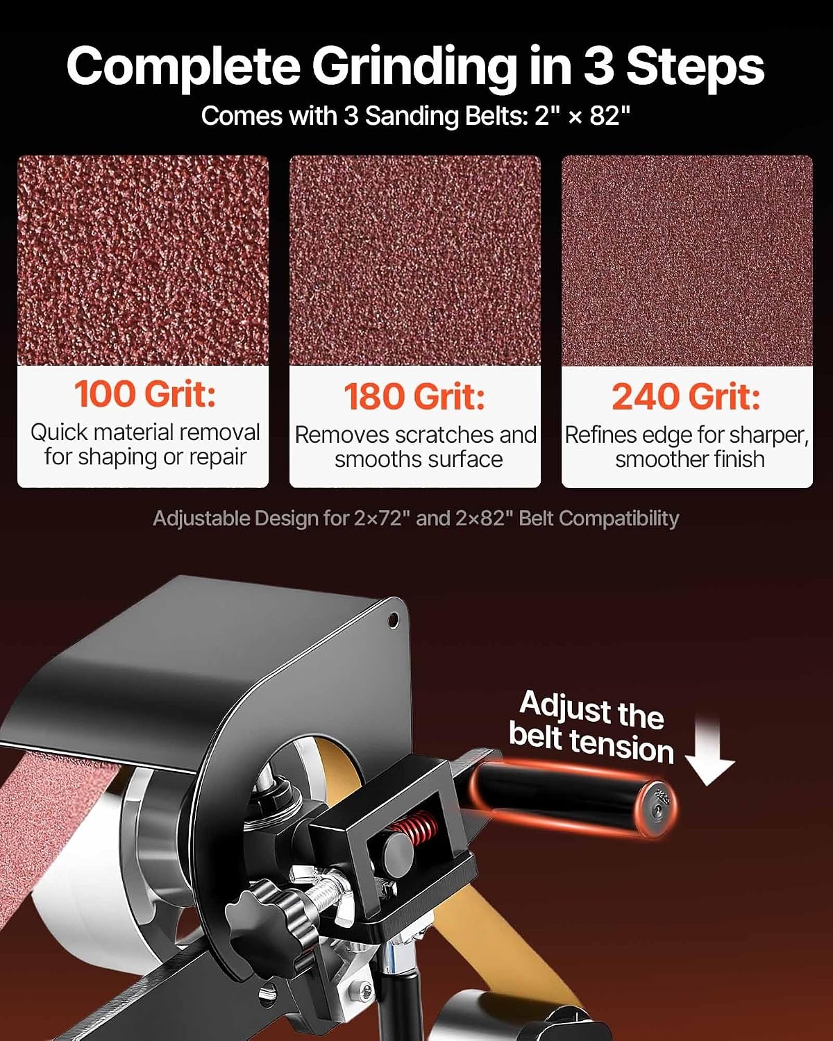 image:imageVEVOR 1500W 2HP Belt Sander Grinder 2 x 82 Variable Speed Belt Grinder for Metalworking 3 in 1 Belt Sander Polisher with 3 Grinding Moulds amp Flat Platen Tool Rest for Knife Making822 in2800RPM