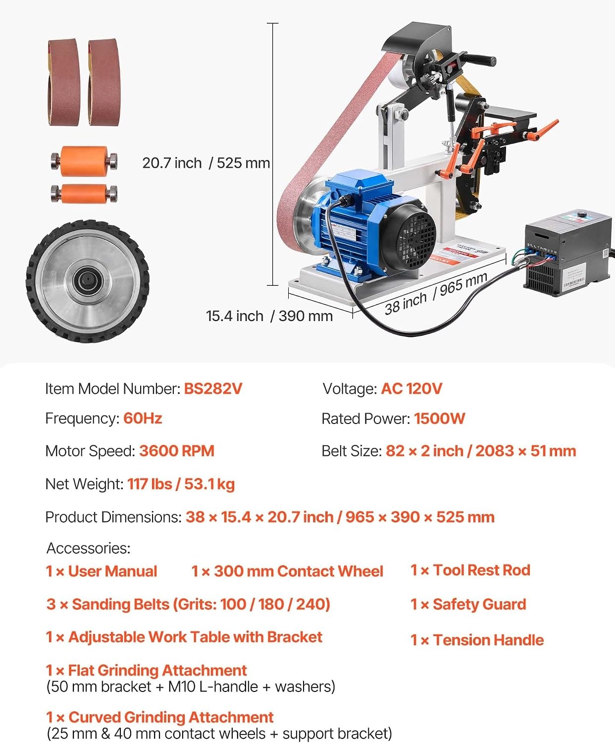 image:imageVEVOR 1500W 2HP Belt Sander Grinder 2 x 82 Variable Speed Belt Grinder for Metalworking 3 in 1 Belt Sander Polisher with 3 Grinding Moulds amp Flat Platen Tool Rest for Knife Making822 in2800RPM