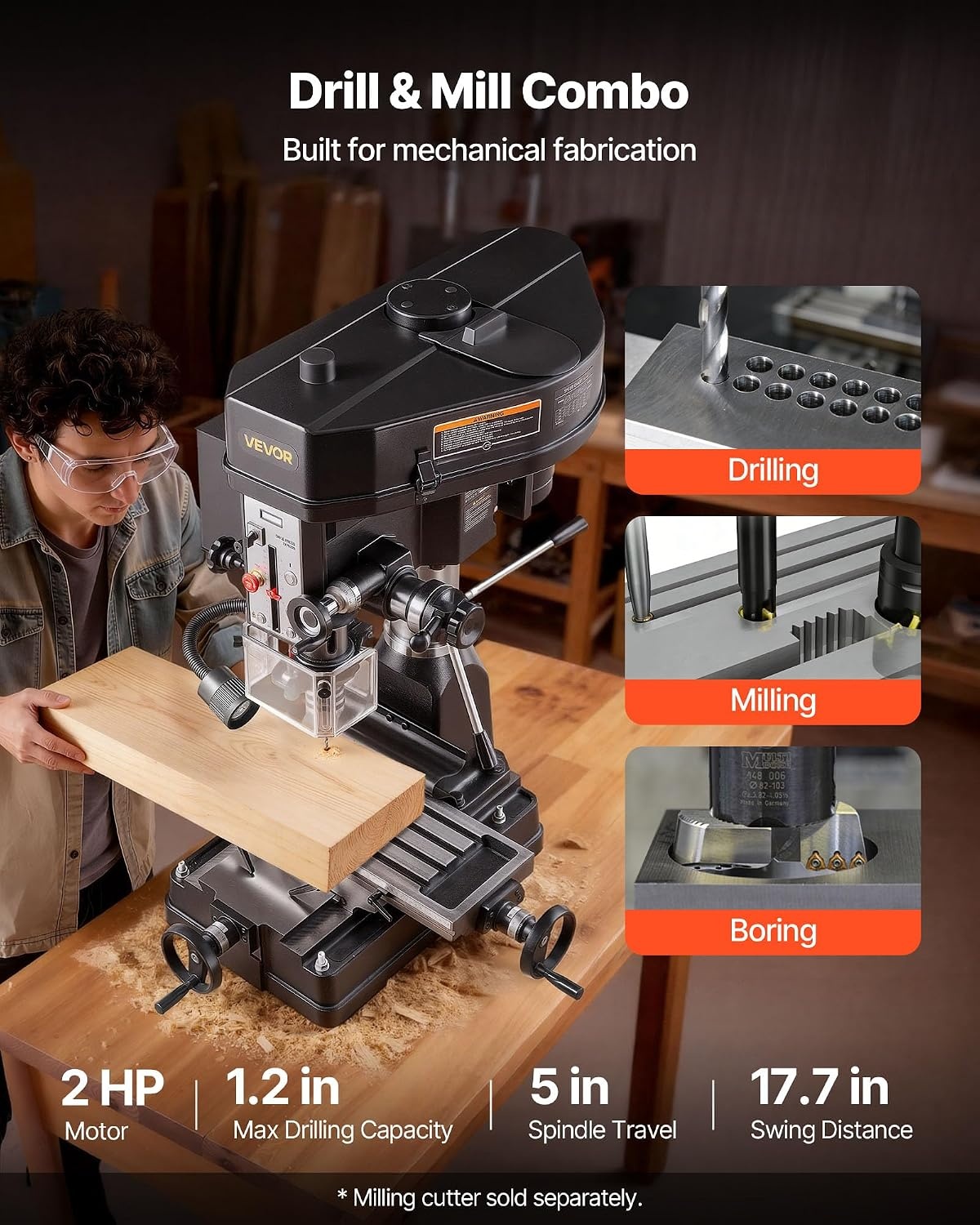 image:imageVEVOR 15875Inch Mill Drill Machine 2 HP Benchtop Milling Drill Press 1502560 RPM Adjustable Speed with Rotating Vise Laser and Work Light Milling Drilling Machine for Woodworking Light Metal
